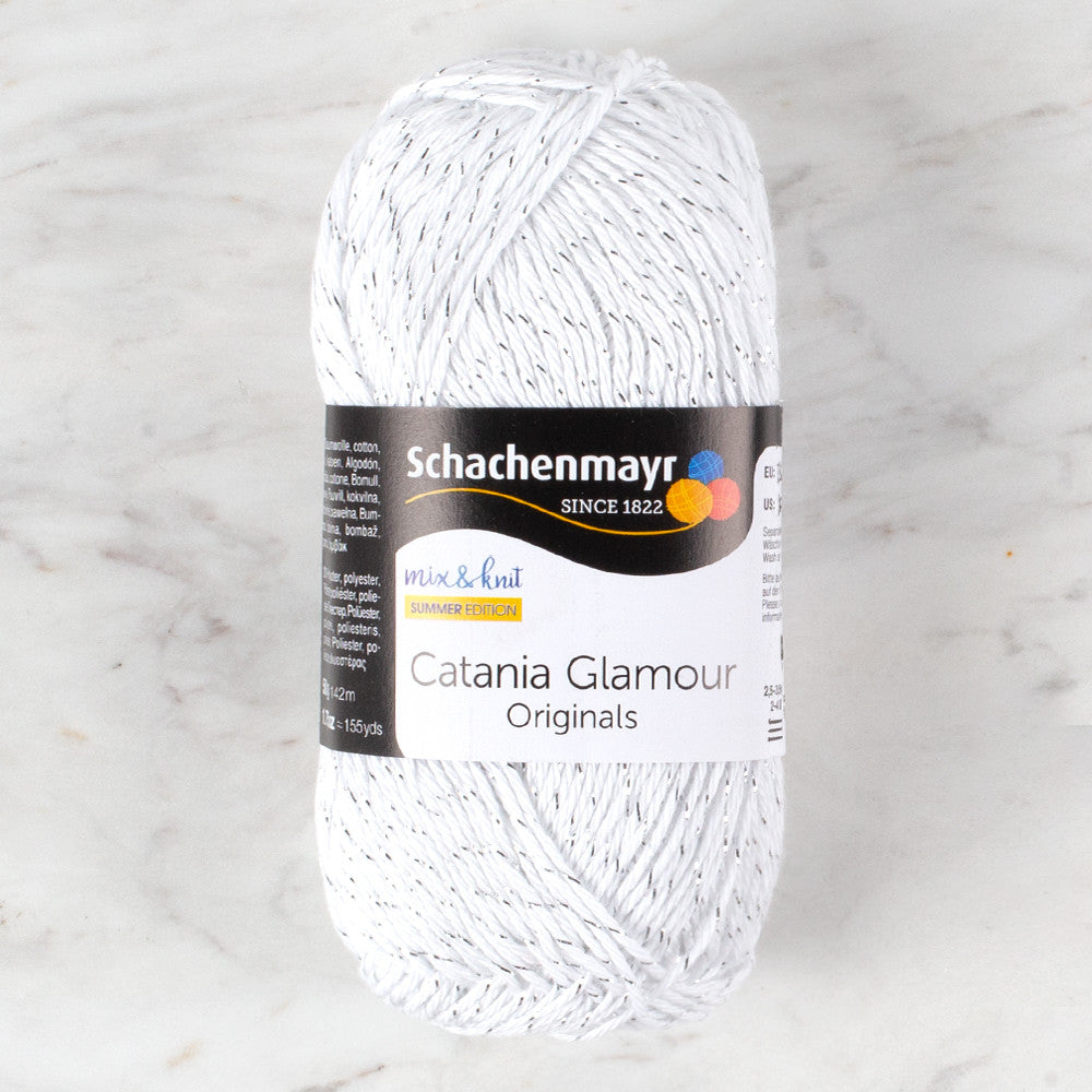 Schachenmayr Catania Glamour 50 gr gümüş simli beyaz el örgü ipi, yumuşak dokusu ve ışıltısıyla örgülerinize kalite katar.