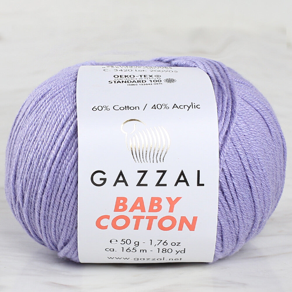 Gazzal Baby Cotton Lila 3420, bebeklerin hassas cildi için yumuşak ve nefes alan pamuk ipliği.