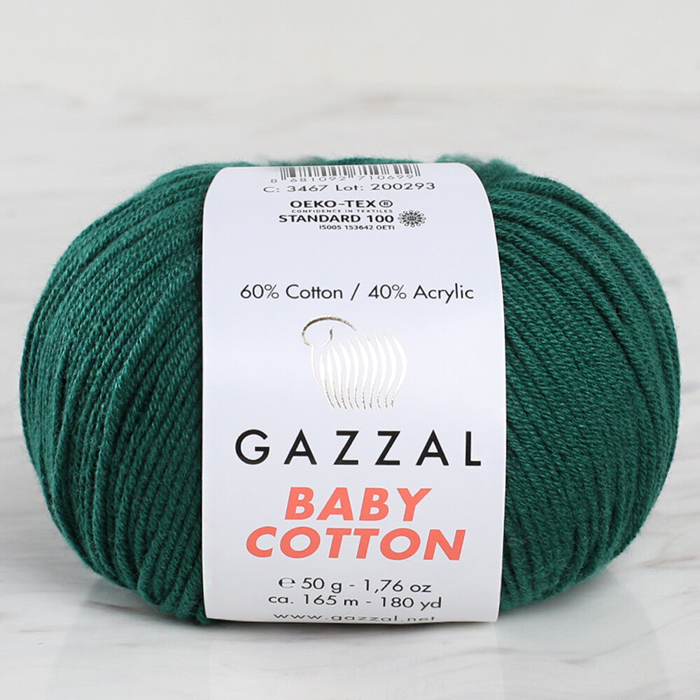 Gazzal Baby Cotton koyu yeşil bebek yünü, hassas ciltler için doğal pamuklu ve kaliteli örgü seçeneği.