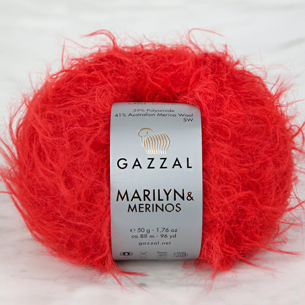 Gazzal Marilyn&Merinos 8265 kırmızı el örgü ipi, yumuşak dokunuşu ve canlı rengiyle özel projeleriniz için ideal.