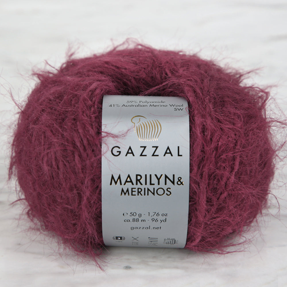 Gazzal Marilyn&Merinos Mürdüm 8267 el örgü ipi yumuşak dokunuş ve canlı renk sunar.