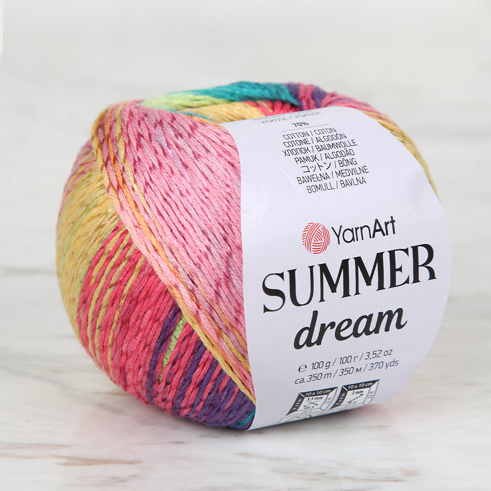 YarnArt Summer Dream 4305 ebruli el örgü ipiyle yumuşak dokulu, renkli yazlık tasarımlar yaratın.